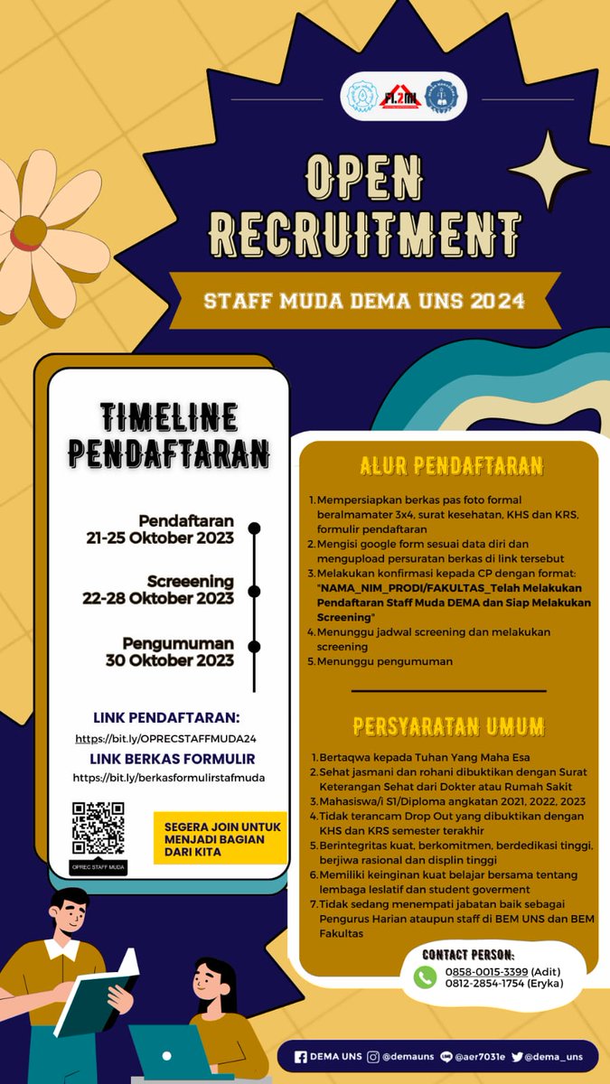 DEMA_UNS's tweet photo. ⚖️ *OPEN RECRUITMENT STAFF MUDA DEMA UNS 2024* ⚖️

Hello, future leader 👩🏻‍⚖
Dewan Mahasiswa Universitas Sebelas Maret Surakarta membuka peluang bagi mahasiswa/i untuk bergabung dan menjadi bagian dari Dewan Mahasiswa UNS sebagai Staff Muda DEMA UNS 2024 https://t.co/2OdjoPibQ1
