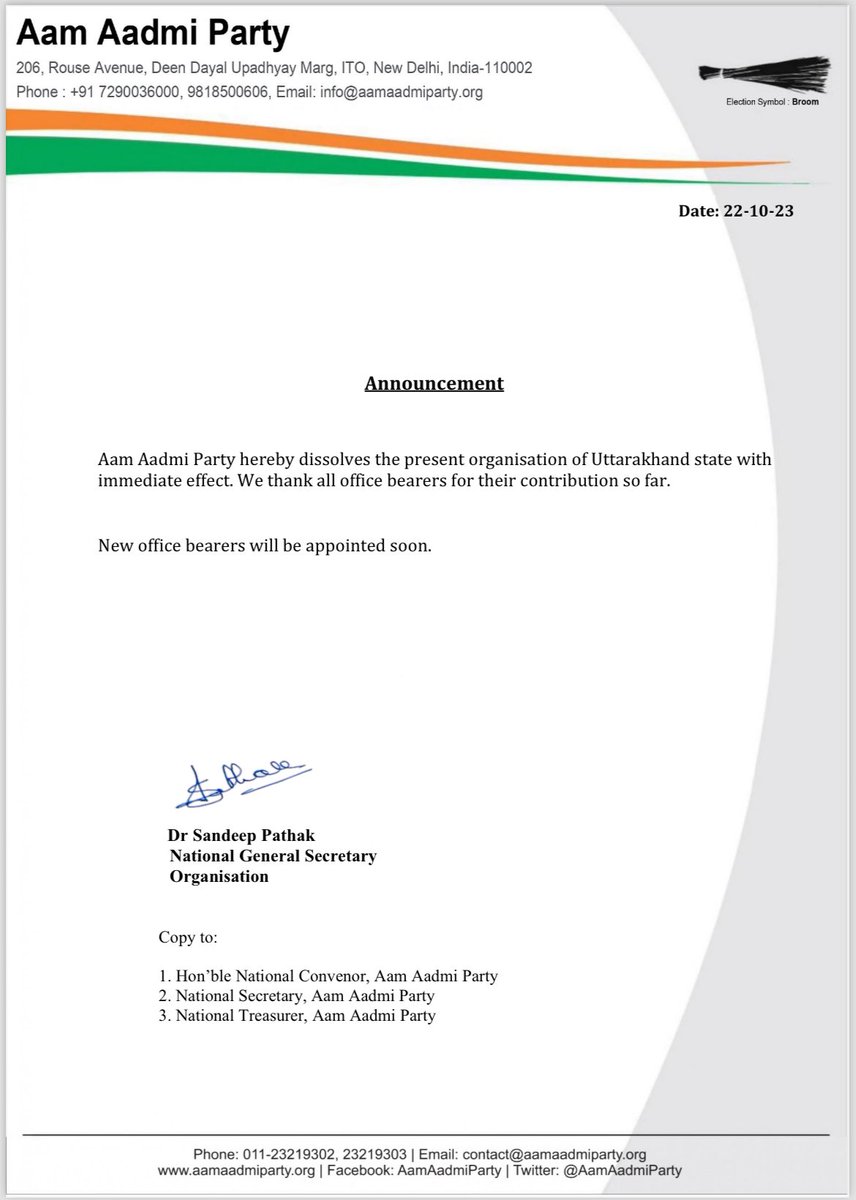 Announcement 📣 The Aam Aadmi Party hereby dissolves the present organisation of Uttarakhand state with immediate effect. We thank all office bearers for their contribution so far. New office bearers will be appointed soon.