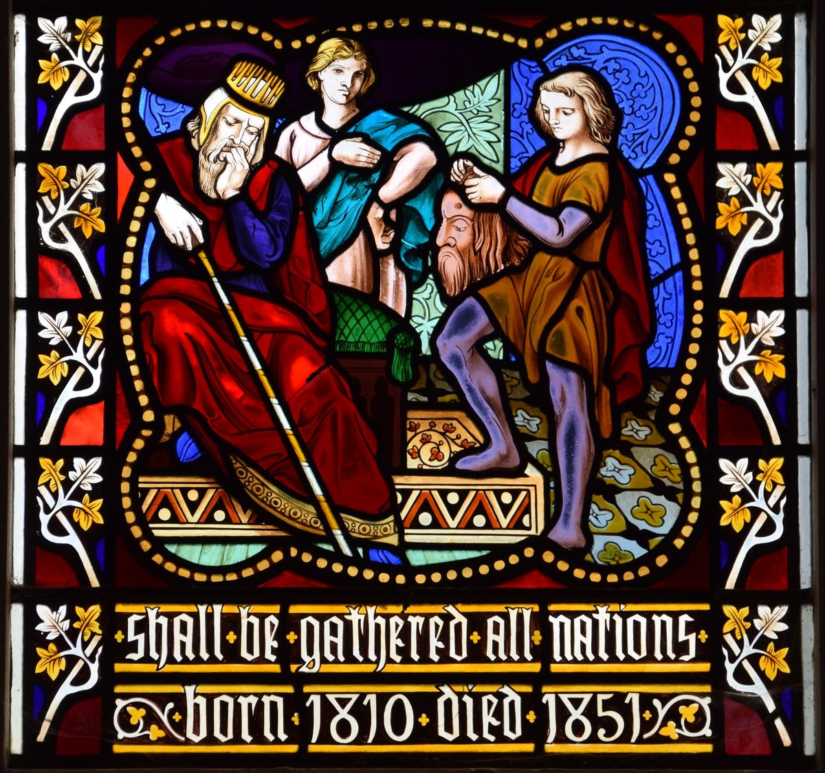SimoninSuffolk's tweet photo. 2/3 David brings the head of the giant Goliath to King Saul while Jonathan looks on. Glass by O'Connor at Great Waltham, Essex.

#OctoberOT https://t.co/VC0X2dSl97
