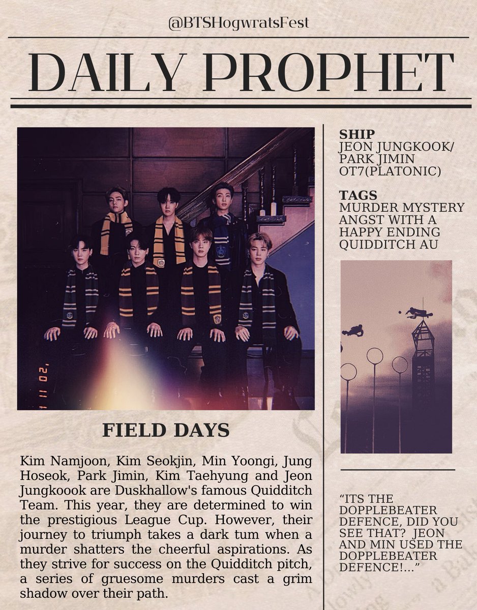 HogwartsBTSFest's tweet photo. ✨Field Days || Jikook, side namjin, taegi
🐍Explicit, 5.6k, ongoing (1/?)
🏷Quidditch au, Murder mystery
📎https://t.co/1HphLTJjbM https://t.co/g5SEzJdLdN