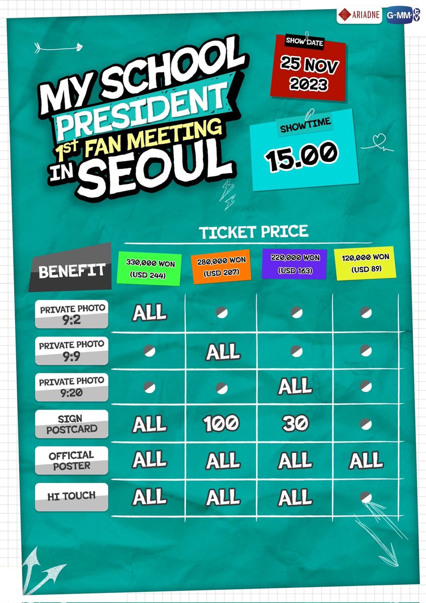 GMMTV's tweet photo. 우리 학생들과 팬 여러분이 함께하는 특별한 시간 "My School President Fan Meeting in Seoul"를 기대하세요!

📍2023년 11월 25일 토요일 오후 3시
📍서울여자대학교 대강당(SWU)

티켓오픈은 10월 29일 오전 10시(한국시간) 티켓멜론에서 진행합니다. 

자세한 내용은 이 페이지에서 곧 확인하실 수 있습니다.

---------------------------------

Hello Seoul, Get ready for "My School President Fan Meeting in Seoul", where our students will give a special moment with fans.

📍Event Day: Saturday, November 25, 2023 at 3:00 p.m. 
📍Event Vanue: Auditorium of Seoul Women's University (SWU)

Ticket available on 29 October 23 10.00 AM (KST) at TicketMelon

Stay tune for more detail.

---------------------------------

แฟน ๆ เกาหลี เตรียมตัวพบกับ "My School President Fan Meeting in Seoul" ที่เหล่านักเรียนจะมามอบโมเมนต์สุดพิเศษให้กับเหล่าแฟนๆ ได้ฟินกันถึงที่

📍วันเสาร์ที่ 25 พฤศจิกายน 2566 เวลา 15.00 น. 
📍Auditorium of Seoul Women's University (SWU)

เริ่มจำหน่ายบัตรวันที่ 29 ตุลาคมนี้ เวลา 10.00 น. (ตามเวลาประเทศเกาหลี) ที่ TicketMelon

ติดตามรายละเอียดเพิ่มเติมได้ที่นี่ เร็วๆนี้

#MSPFMinSeoul #MySchoolPresiden #Ariadne #GMMTV