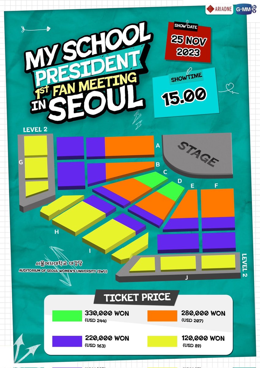 GMMTV's tweet photo. 우리 학생들과 팬 여러분이 함께하는 특별한 시간 "My School President Fan Meeting in Seoul"를 기대하세요!

📍2023년 11월 25일 토요일 오후 3시
📍서울여자대학교 대강당(SWU)

티켓오픈은 10월 29일 오전 10시(한국시간) 티켓멜론에서 진행합니다. 

자세한 내용은 이 페이지에서 곧 확인하실 수 있습니다.

---------------------------------

Hello Seoul, Get ready for "My School President Fan Meeting in Seoul", where our students will give a special moment with fans.

📍Event Day: Saturday, November 25, 2023 at 3:00 p.m. 
📍Event Vanue: Auditorium of Seoul Women's University (SWU)

Ticket available on 29 October 23 10.00 AM (KST) at TicketMelon

Stay tune for more detail.

---------------------------------

แฟน ๆ เกาหลี เตรียมตัวพบกับ "My School President Fan Meeting in Seoul" ที่เหล่านักเรียนจะมามอบโมเมนต์สุดพิเศษให้กับเหล่าแฟนๆ ได้ฟินกันถึงที่

📍วันเสาร์ที่ 25 พฤศจิกายน 2566 เวลา 15.00 น. 
📍Auditorium of Seoul Women's University (SWU)

เริ่มจำหน่ายบัตรวันที่ 29 ตุลาคมนี้ เวลา 10.00 น. (ตามเวลาประเทศเกาหลี) ที่ TicketMelon

ติดตามรายละเอียดเพิ่มเติมได้ที่นี่ เร็วๆนี้

#MSPFMinSeoul #MySchoolPresiden #Ariadne #GMMTV