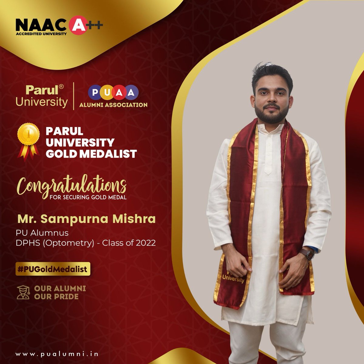 ParulAlumni's tweet image. Congratulations, Mr. Sampurna Mishra, the shining star 💫 and proud DPHS alumnus 👨🏻‍🎓, for securing the Gold Medal🏅 (Optometry) for his exceptional academic performance.

#GoldMedalist
#DPHS #Optometry
#PUAlumniAssociation
#ParulUniversity