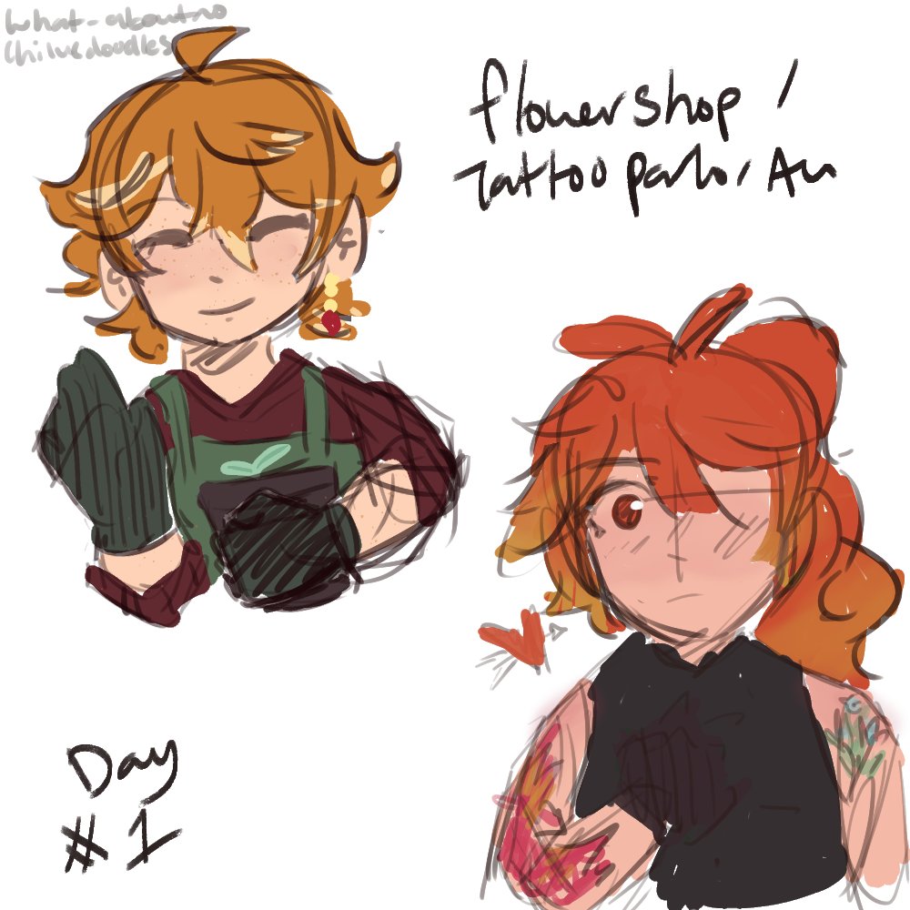 chilucdoodles's tweet photo. [71] Guess whos back for some quick #chiluc sketches 👀 Day 1 of #ChiLucWeek2023 flower shop/tattoo parlor! https://t.co/CQ1mEkznqv