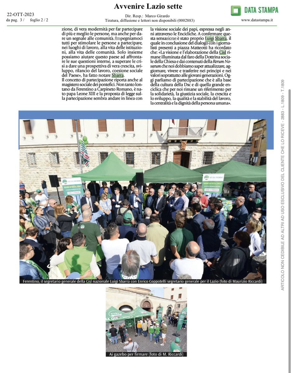 Cisl_Lazio's tweet photo. Una nuova alleanza tra imprese e lavoratori oggi #22ottobre su @Avvenire_Nei articolo sulla Festa della Partecipazione #unpostoaltavolo che si è tenuta sabato scorso a #Ferentino dove ha partecipato il Segretario Generale della @CislNazionale #LuigiSbarra https://t.co/xtrqxi8U0u