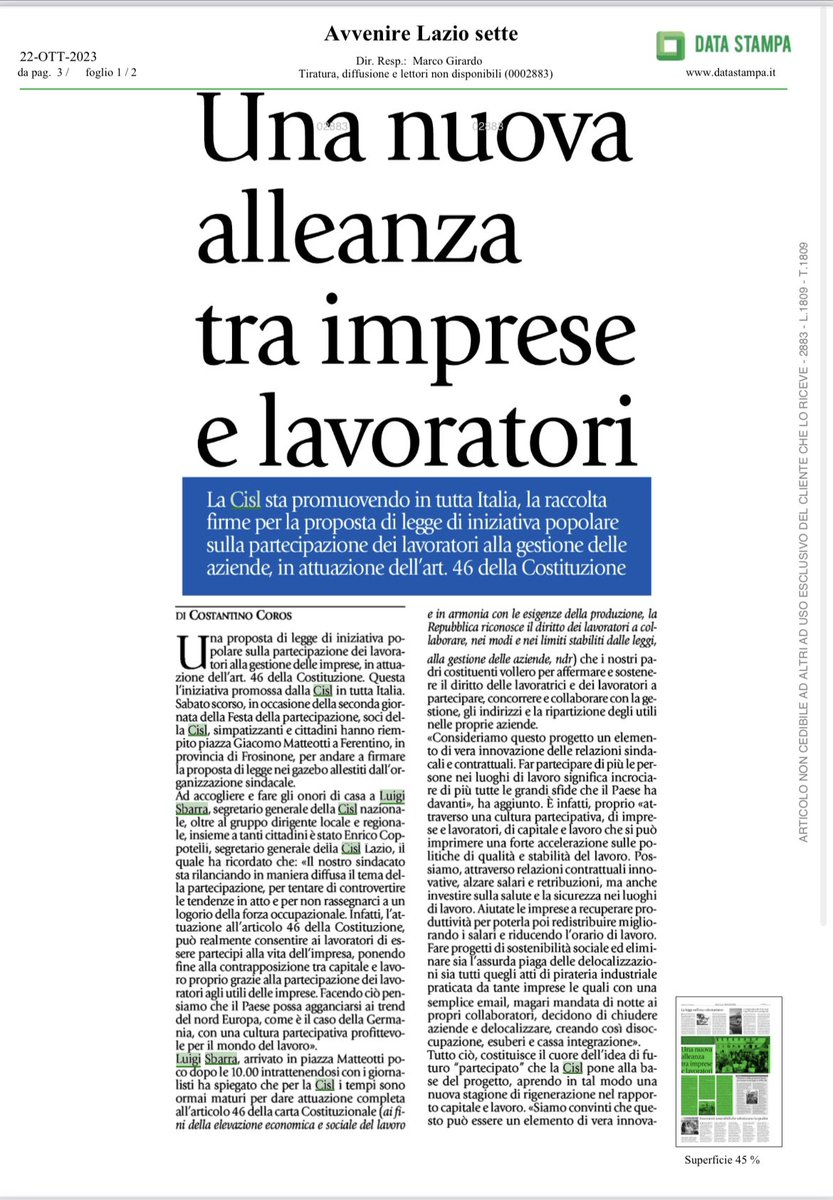 Cisl_Lazio's tweet photo. Una nuova alleanza tra imprese e lavoratori oggi #22ottobre su @Avvenire_Nei articolo sulla Festa della Partecipazione #unpostoaltavolo che si è tenuta sabato scorso a #Ferentino dove ha partecipato il Segretario Generale della @CislNazionale #LuigiSbarra https://t.co/xtrqxi8U0u