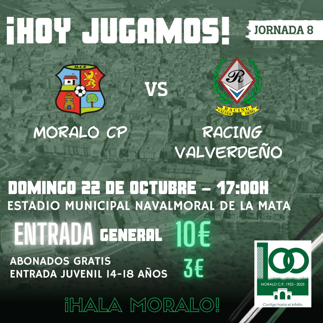 Hoy juega nuestro primer equipo !!! Necesitamos tu apoyo aquí, en casa !!!

🆚 <a href="/racingvalverde/">Racing Valverdeño</a> 
🏆 Jornada 8
🗓️ 22 Octubre 
⏰ 17:00H
🏟️ Estadio Municipal Navalmoral de la Mata 

Os necesitamos Afición !!!
#Halamoralo
💚