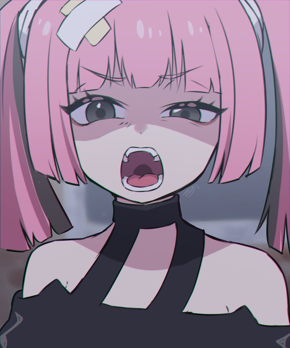 1girl pink hair solo open mouth twintails fangs looking at viewer  illustration images