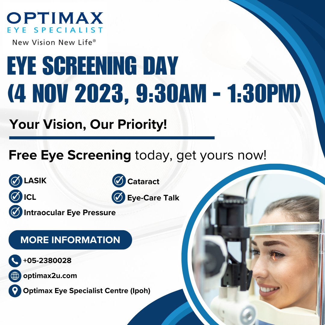 myoptimax's tweet photo. 🌟 YOUR VISION, OUR PRIORITY 
Dear Ipoh friends, Join us to see the world more clearly!

👓 We have free eye screenings, Informative Eye-Care Talk (by Dr Suresh), LASIK, Cataract, ICL, Intraocular Eye Pressure and SO MUCH MORE!

📝 Register Here: https://t.co/Q9gDLNPZIW https://t.co/Orj8fpSnNI