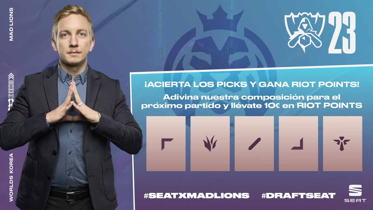 MovistarKOILoL's tweet photo. ¡#Worlds2023 con el draft de @tuSEAT !
Comenta con el hashtag #DraftSEAT los 5 campeones que crees que pickearemos en el partido de hoy 🫡.
El primero que más campeones acierte antes de que empiecen picks y bans se lleva 10€eurazos en RPs (solo EUW) #SEATxMADLions https://t.co/SohDSNJzEm