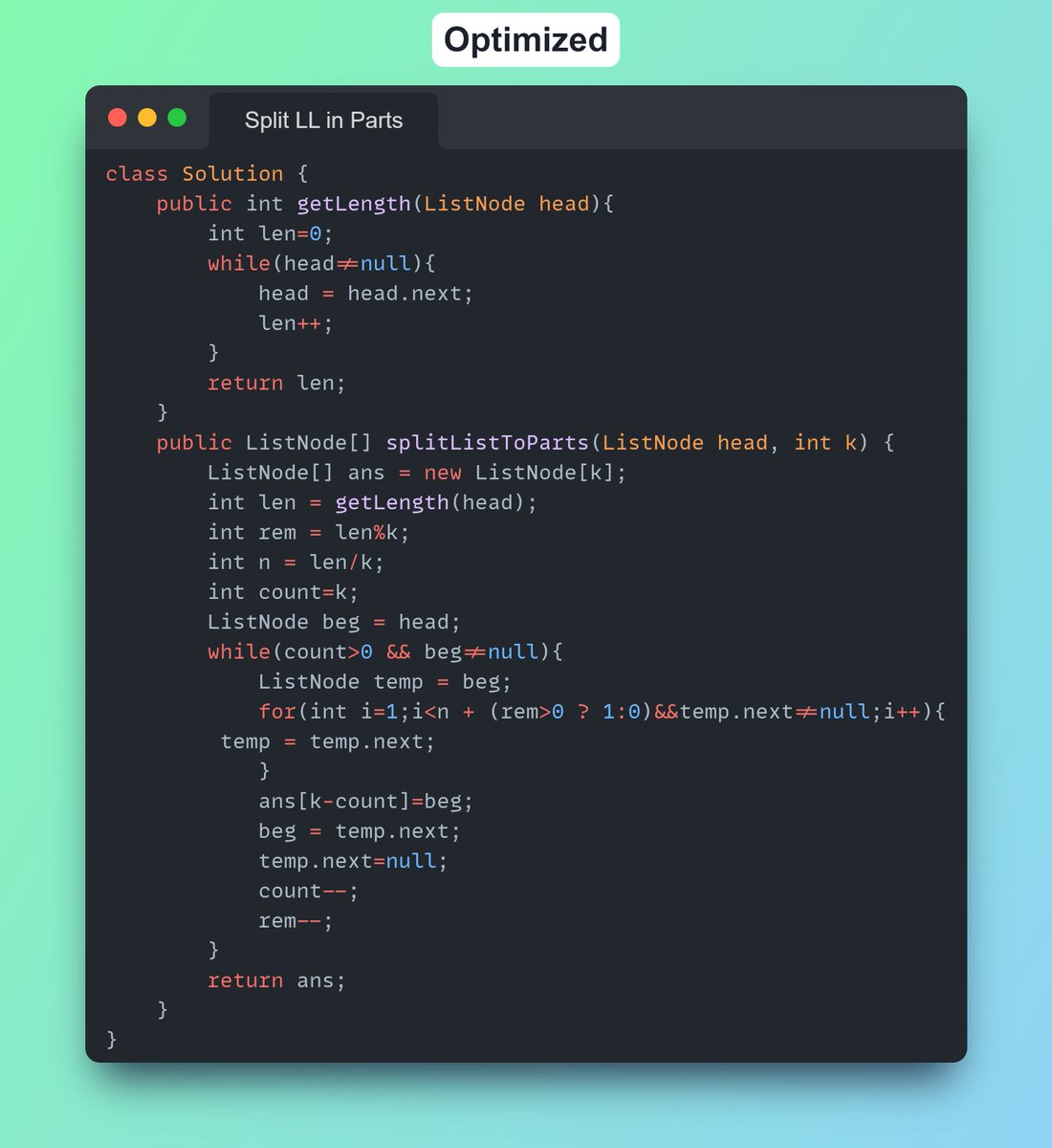 Imbhavaniprasad's tweet image. DSA #dailycodechallenge
#114 Split LL in parts
Tip : Possible parts is len/k & extras to be shared is len%k
#DSAWithKunal #100DaysOfCode #linkedlist
