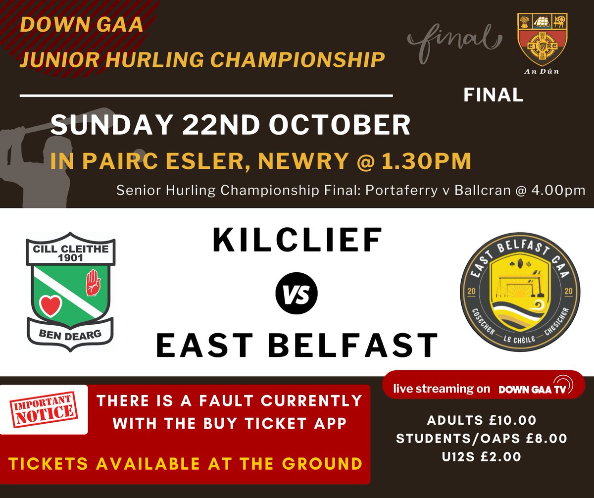 Official Down GAA (@officialdowngaa) on Twitter photo Down GAA Junior Hurling Championship Final
Kilclief v East Belfast
1.30pm Sun 22nd Oct
Pairc Esler, Newry
Tickets on sale at the ground
Live Streaming coverage is just about to get underway on DownGAA.TV (downgaa.tv/events/vgrxxuln)
<a href="/CillCleithe1901/">Kilclief GAC</a> <a href="/EastBelfastGAA/">East Belfast GAA</a> Down GAA Junior Hurling Championship Final
Kilclief v East Belfast
1.30pm Sun 22nd Oct
Pairc Esler, Newry
Tickets on sale at the ground
Live Streaming coverage is just about to get underway on DownGAA.TV (downgaa.tv/events/vgrxxuln)
<a href="/CillCleithe1901/">Kilclief GAC</a> <a href="/EastBelfastGAA/">East Belfast GAA</a>
