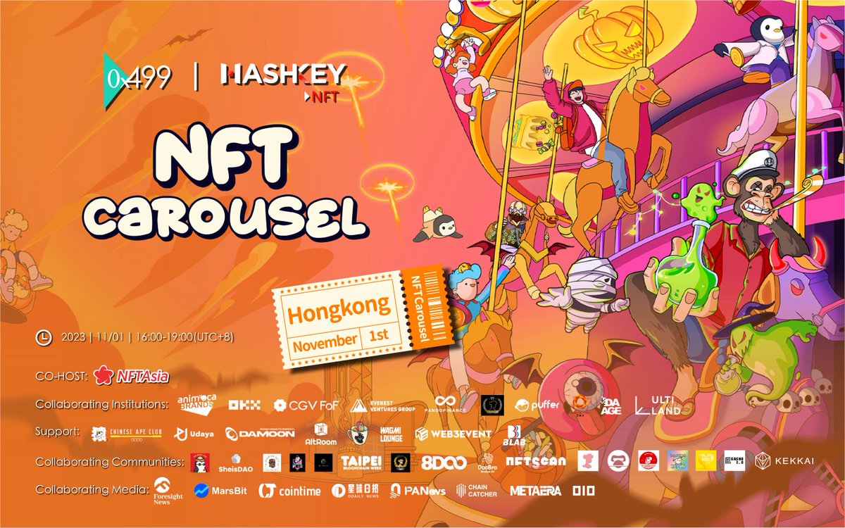 499_Group's tweet photo. 🎠 Welcome to the NFT Carousel by @0x499 &amp; @HashKeyNFT during the #Apefest

Also the 0x499 DAO 5-Year-Old Friends Reunion.

⌚️1 Nov, 4pm-late

Join us 👉🏻 https://t.co/ppVw5W3M1l

NFTs are so BACK.
Can't wait to meet you all in HongKong🍌🐧⛩🧬❤ https://t.co/R11xSqdAmc