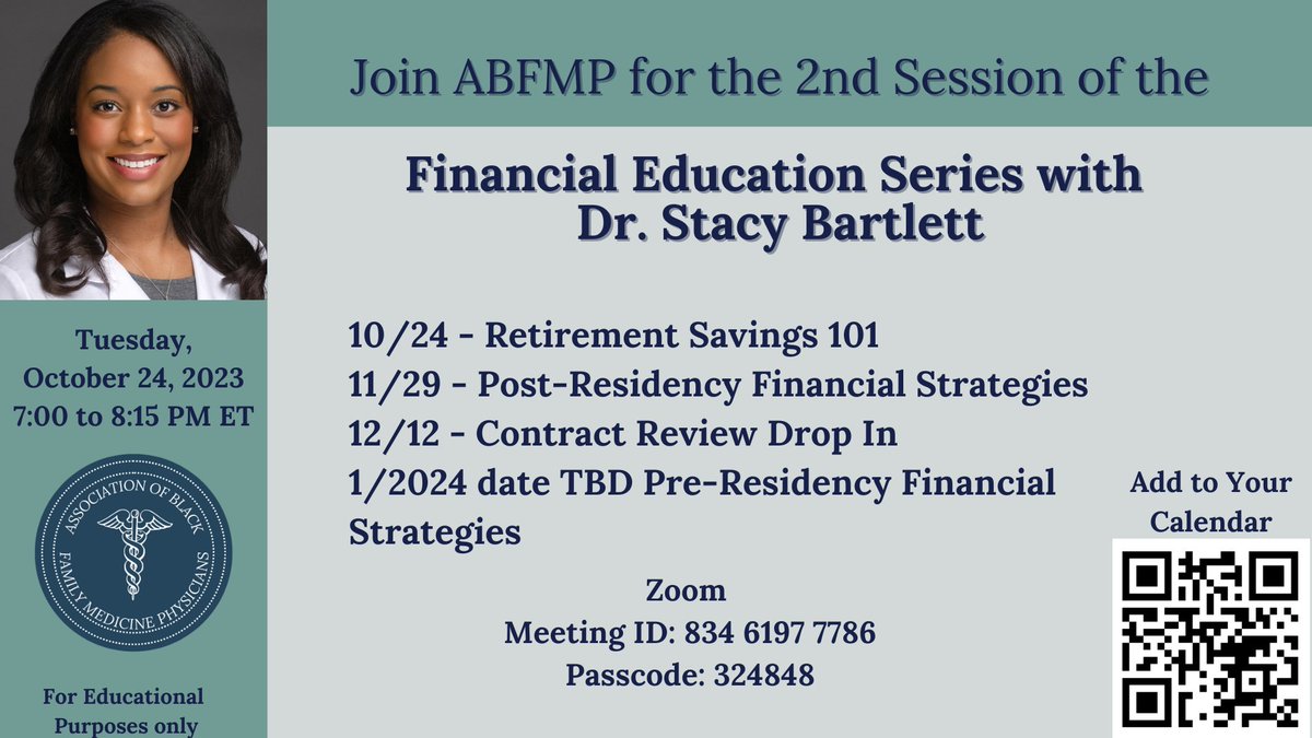 Join ABFMP this Tuesday, October 24th for the 2nd session of the Financial Education Series with Dr. Stacy Bartlett. Add to your calendar using this link: evt.to/addidsguw.

Missed the 1st session? Check it out here: abfmp.org/past-webinar-r…