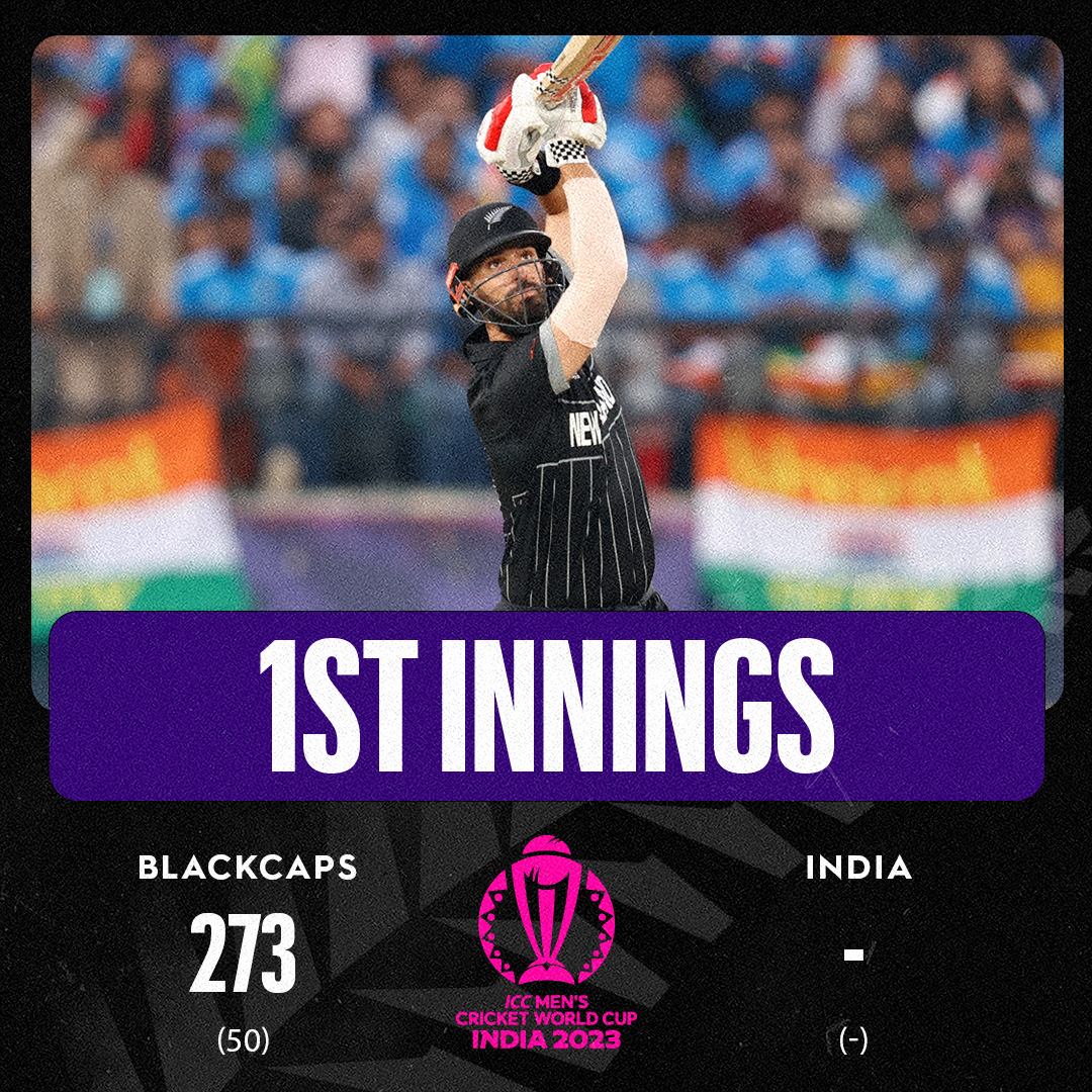 BLACKCAPS's tweet photo. Time to defend with the ball! @dazmitchell47 (130) and Rachin Ravindra (75) leading the way with the bat.  Follow play LIVE in NZ with @skysportnz. LIVE scoring | https://t.co/YL5NT9eSnP #CWC23 https://t.co/kuzLaFM1jy