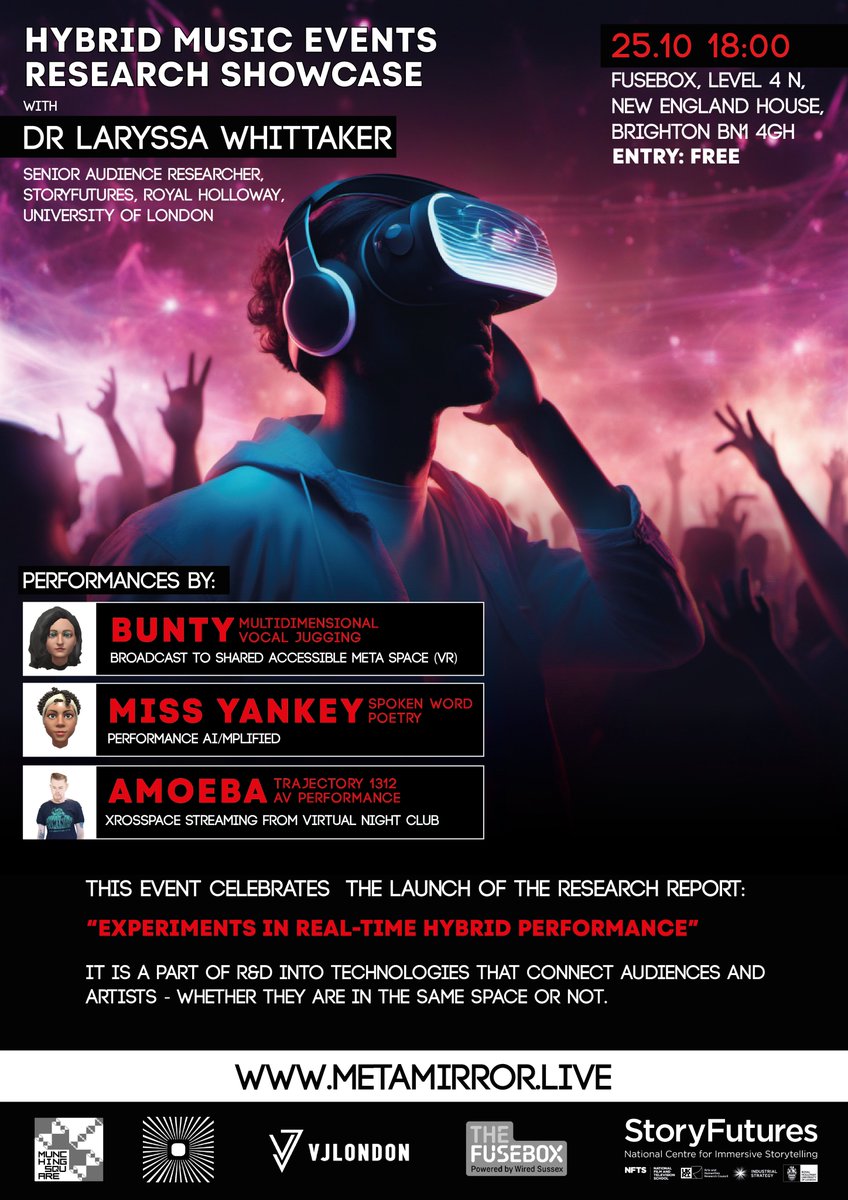 25.10 Hybrid Music Events Research showcase with
<a href="/canukl/">Dr. Laryssa Whittaker</a> and performances by <a href="/amoebadesign/">@hagbardceline</a>, <a href="/MissYankey/">Miss Yankey</a>,<a href="/Buntylooping/">Bunty</a> in <a href="/FuseBoxBtn/">The FuseBox</a>. More details at metamirror.live