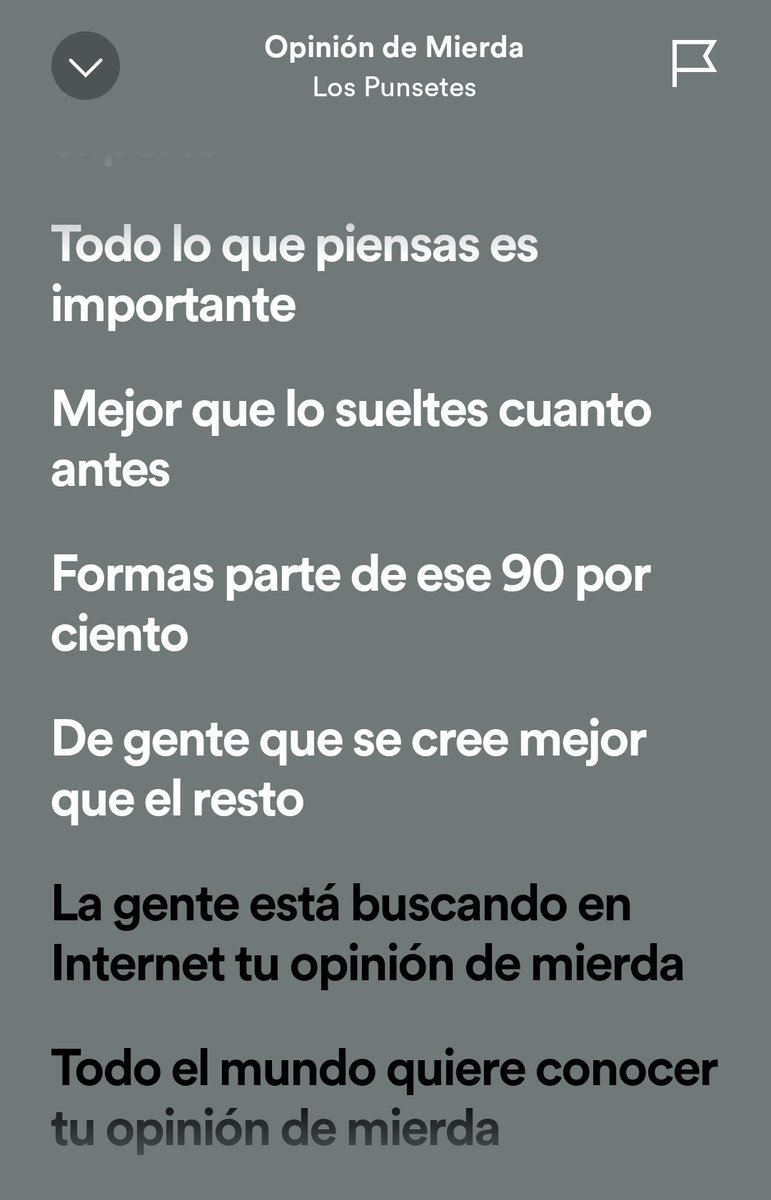 "Formas parte de ese 90 por ciento / De gente que se cree mejor que el resto" 

spotify.link/Hyic4ODw6Db

Por <a href="/josmrobles/">Jose María Robles</a> y <a href="/JosetxuLP/">Nunhapedra</a>