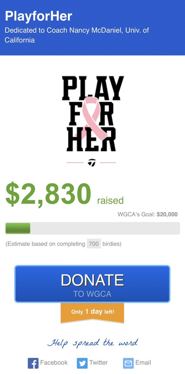 🩷 Let’s show our support of PlayForHer and all those who have battled cancer bravely!  Hoping we can find a cure so we don’t have to fight cancer in the future!

Any amount helps! The <a href="/WGCAGOLF/">Women's Golf Coaches</a> is matching donations!

📲 shorturl.at/crtN5