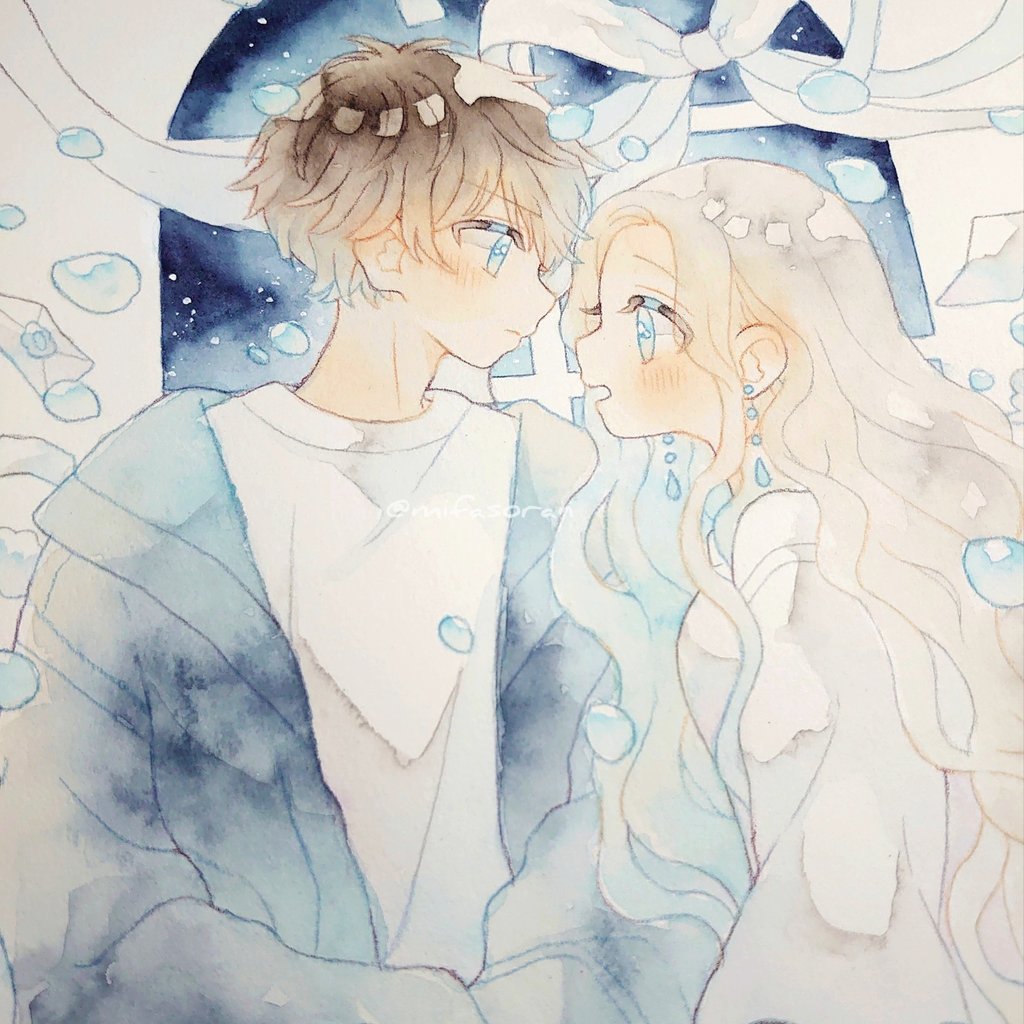 1girl 1boy long hair looking at another blue eyes short hair earrings  illustration images