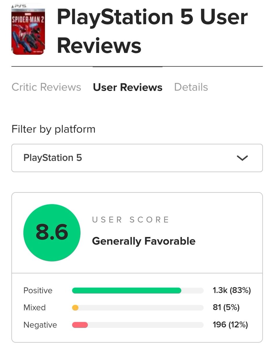 Pyo 5️⃣ on X: 24 hours from now, the reviews for Spider-Man 2 PS5 comes  out 😳 What's your final Metacritic prediction? I'm still 91 after 100+  reviews 👀  / X