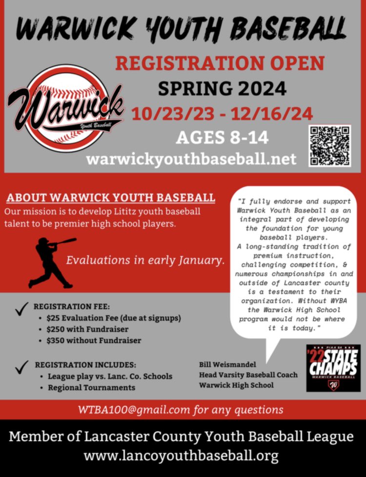 WYBA_baseball's tweet photo. Time to get registered for Warwick Baseball!!! Join the best organization in the area to improve your skills, learn from experienced coaches, and compete against other teams within Lancaster County. Registration is open! https://t.co/eMJmCNqvq8