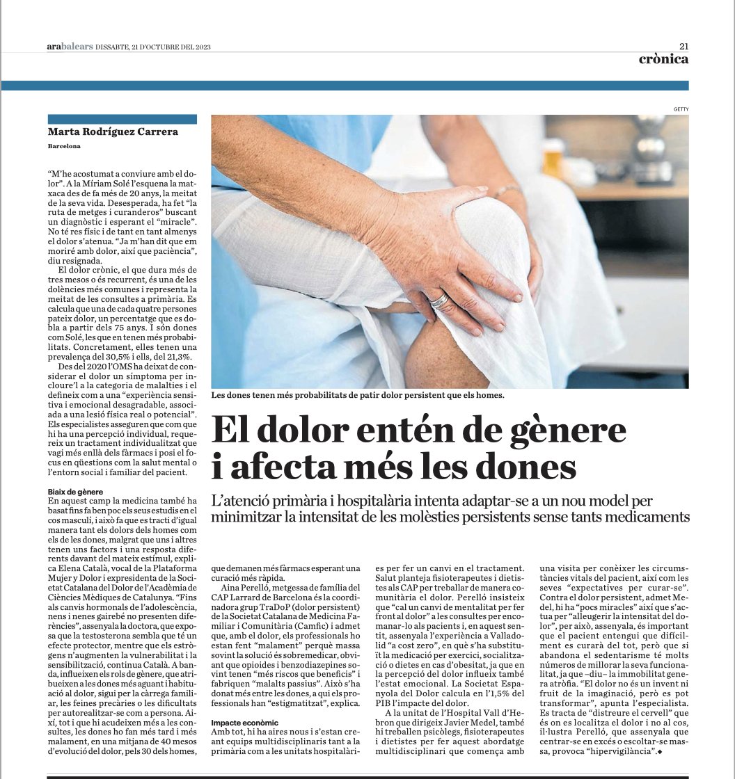 CAMFiC's tweet photo. 👉 El dolor entén de gènere? En aquest article @aperebrat, coordinadora del grup TraDoP de la #CAMFiC parla de #dolorpersistent i com s'estan intentant adaptar a un nou model per abordar les molèsties persistents ▶️ @diariARA https://t.co/pw3I6bPnp0