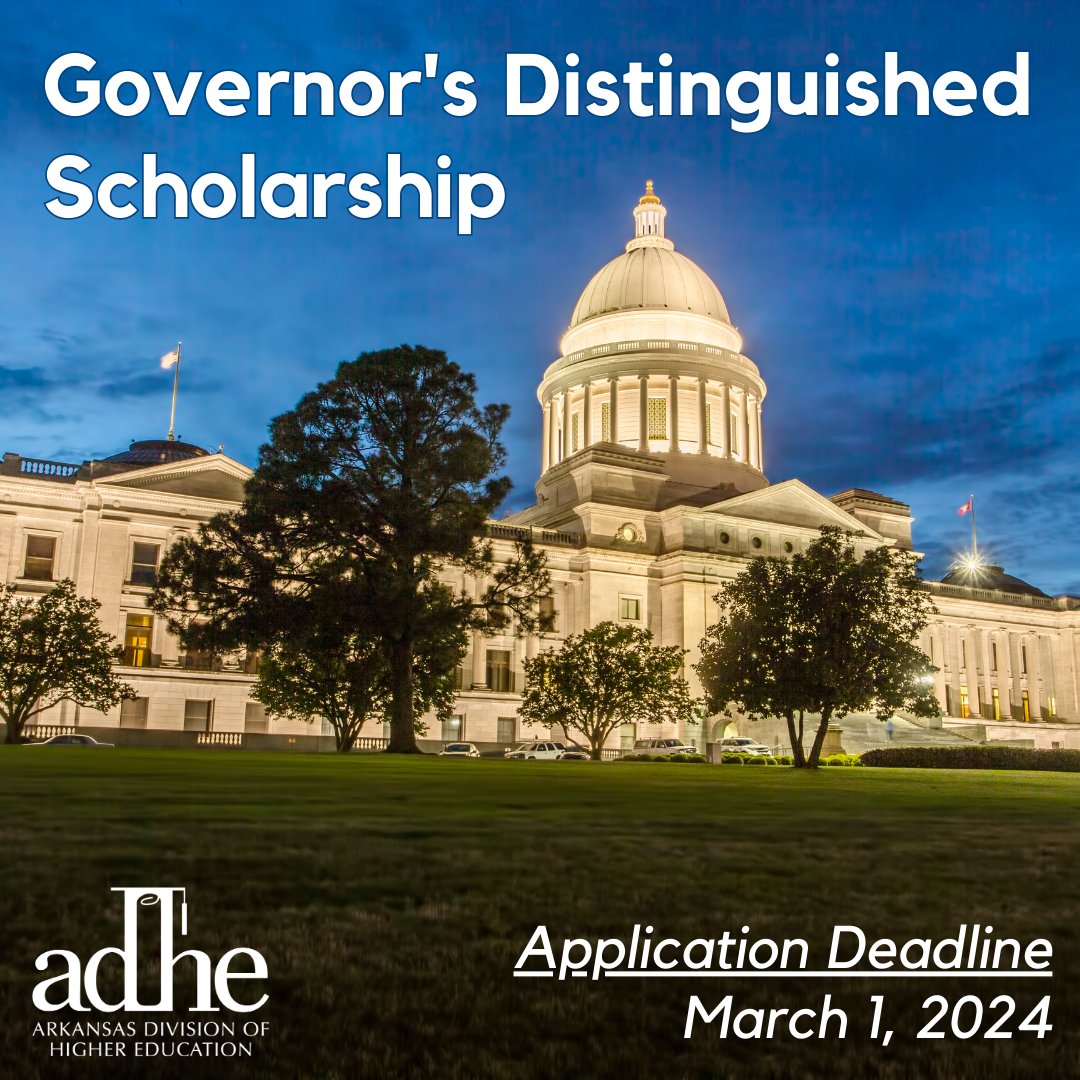 ArkHigherEd's tweet photo. Are you eligible for the Governor's Distinguished Scholarship? Find out at https://t.co/M4gRN0AQVo! https://t.co/iCpNNOhev3