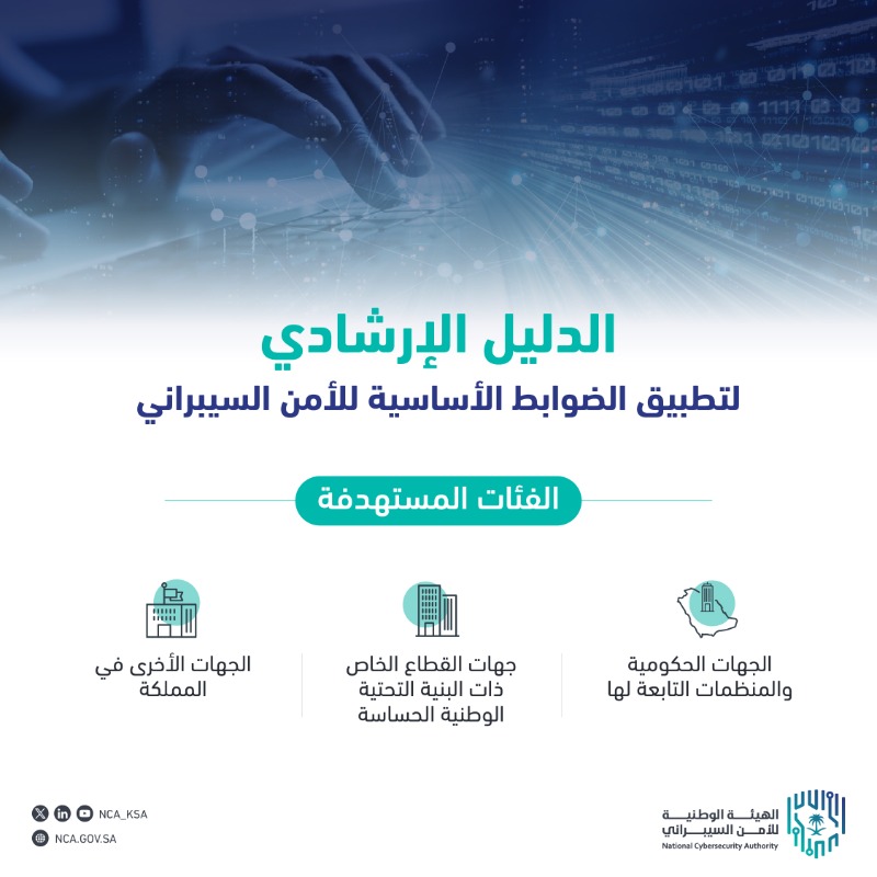 NCA_KSA's tweet photo. «الدليل الإرشادي لتطبيق الضوابط الأساسية للأمن السيبراني»: يهدف إلى تمكين الجهات الوطنية من تحقيق متطلبات الالتزام بتطبيق الضوابط الأساسية للأمن السيبراني وفقاً للمتطلبات التشريعية والتنظيمية ذات العلاقة.
