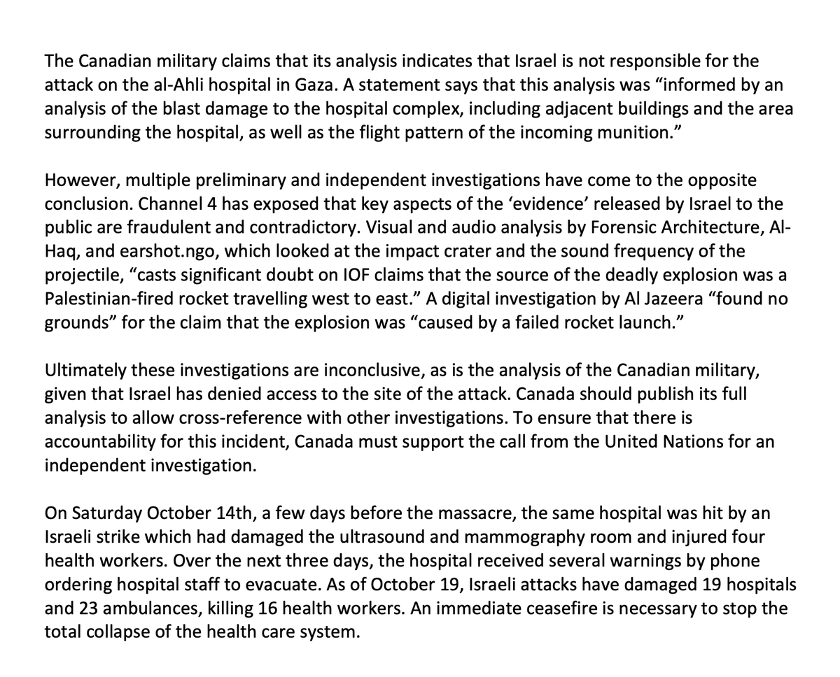CJPME's tweet photo. Canada’s military claims to have analysis supporting Israel’s denials over the bombing of the al-Ahli hospital, but multiple independent investigations indicate the opposite. Canada must release its full analysis &amp; support the UN’s request for an independent investigation. https://t.co/zkRYu8EEnz
