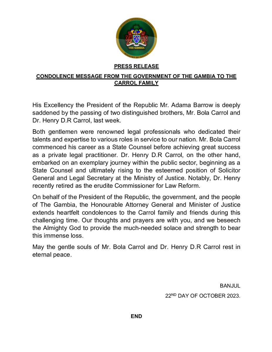 Press Release: Condolence message from the Government of The Gambia to the Carrol family.