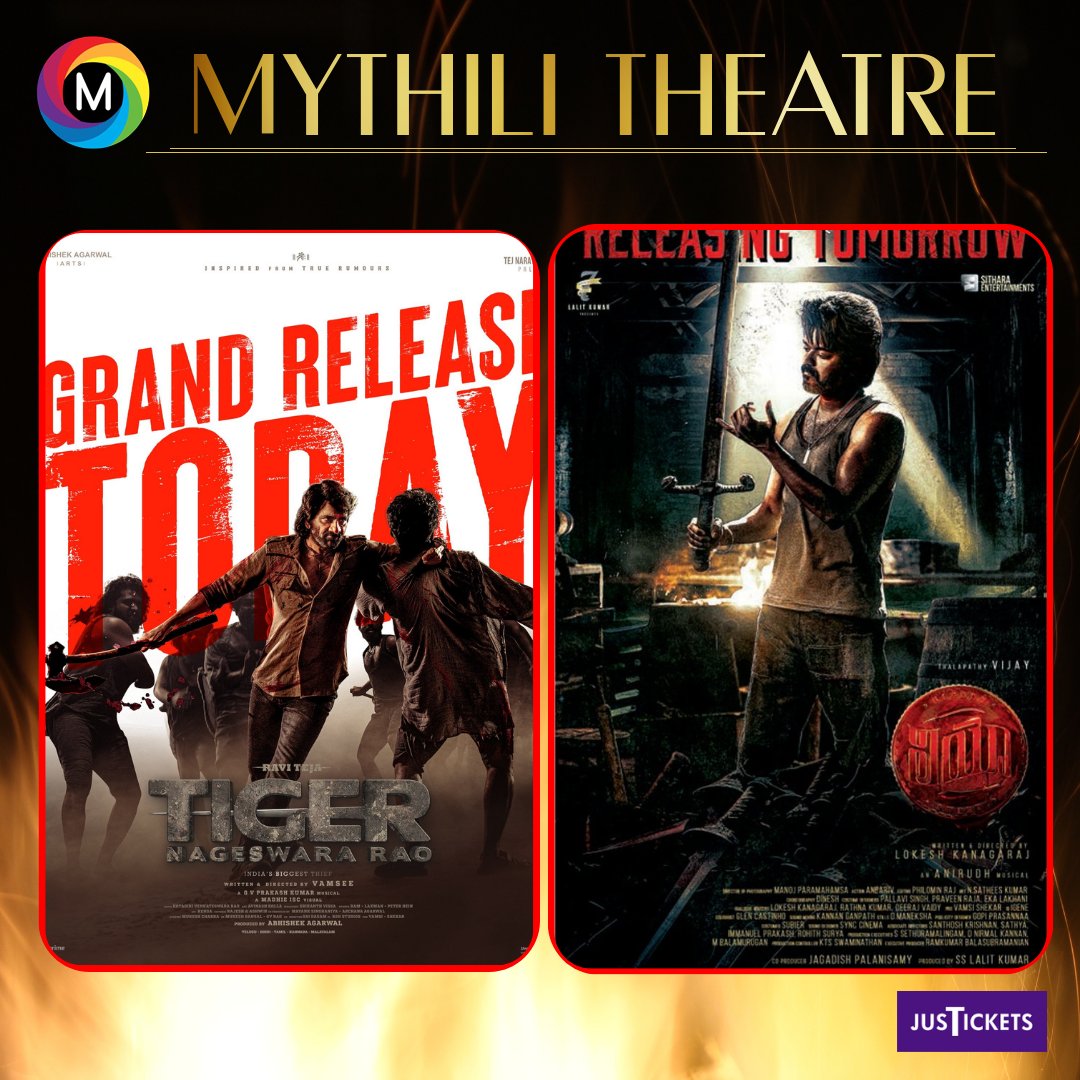 Mythili Theatre (@mythilitheatre) on Twitter photo #TigerNageshwaraRao #Leo
Running successfully 💪💯
Watch them on the big screens for the best experience
Booking open at counter and online <a href="/justickets/">Justickets</a>
<a href="/RaviTeja_offl/">Ravi Teja</a> <a href="/actorvijay/">Vijay</a> <a href="/Dir_Lokesh/">Lokesh Kanagaraj</a> <a href="/anirudhofficial/">Anirudh Ravichander</a> <a href="/7screenstudio/">Seven Screen Studio</a> <a href="/DirVamsee/">VAMSEE</a> <a href="/gvprakash/">G.V.Prakash Kumar</a> #TigerNageshwaraRao #Leo
Running successfully 💪💯
Watch them on the big screens for the best experience
Booking open at counter and online <a href="/justickets/">Justickets</a>
<a href="/RaviTeja_offl/">Ravi Teja</a> <a href="/actorvijay/">Vijay</a> <a href="/Dir_Lokesh/">Lokesh Kanagaraj</a> <a href="/anirudhofficial/">Anirudh Ravichander</a> <a href="/7screenstudio/">Seven Screen Studio</a> <a href="/DirVamsee/">VAMSEE</a> <a href="/gvprakash/">G.V.Prakash Kumar</a>