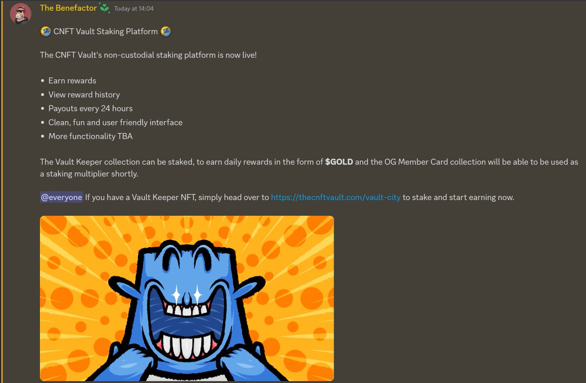 🥳 Our non-custodial staking platform is now live!

The Vault Keeper collection (jpg.store/collection/vau…) can be staked, to earn daily rewards in the form of $GOLD.

Head over to thecnftvault.com/vault-city and start earning now.

#CNFTVault #EpochLabz #Acquisitions #CNFTCommunity