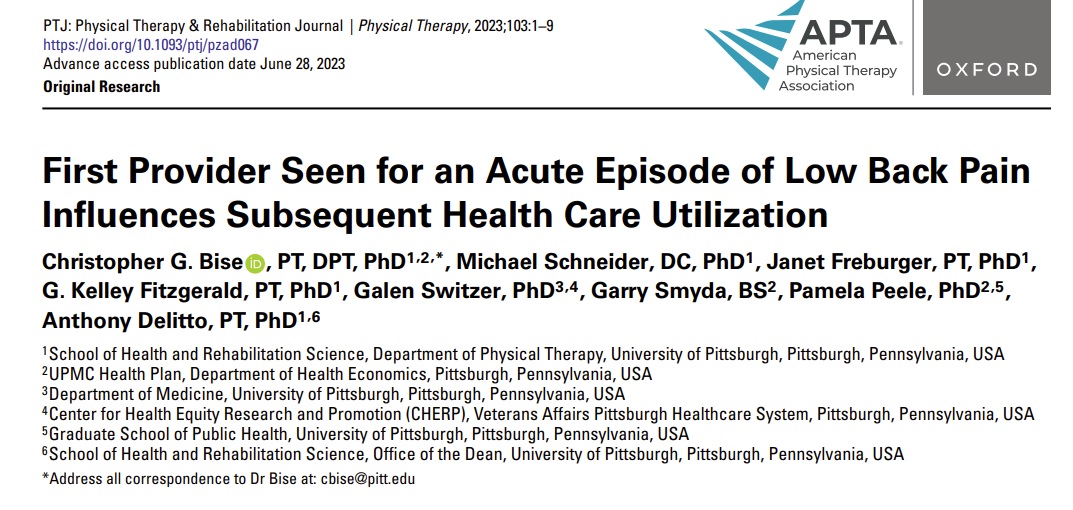 chadcookpt's tweet image. Well done paper demonstrating first provider makes a notable difference in costs and HC utilization. PT's and DC's reduce immediate and long-term HC utilization. pubmed.ncbi.nlm.nih.gov/37379349/