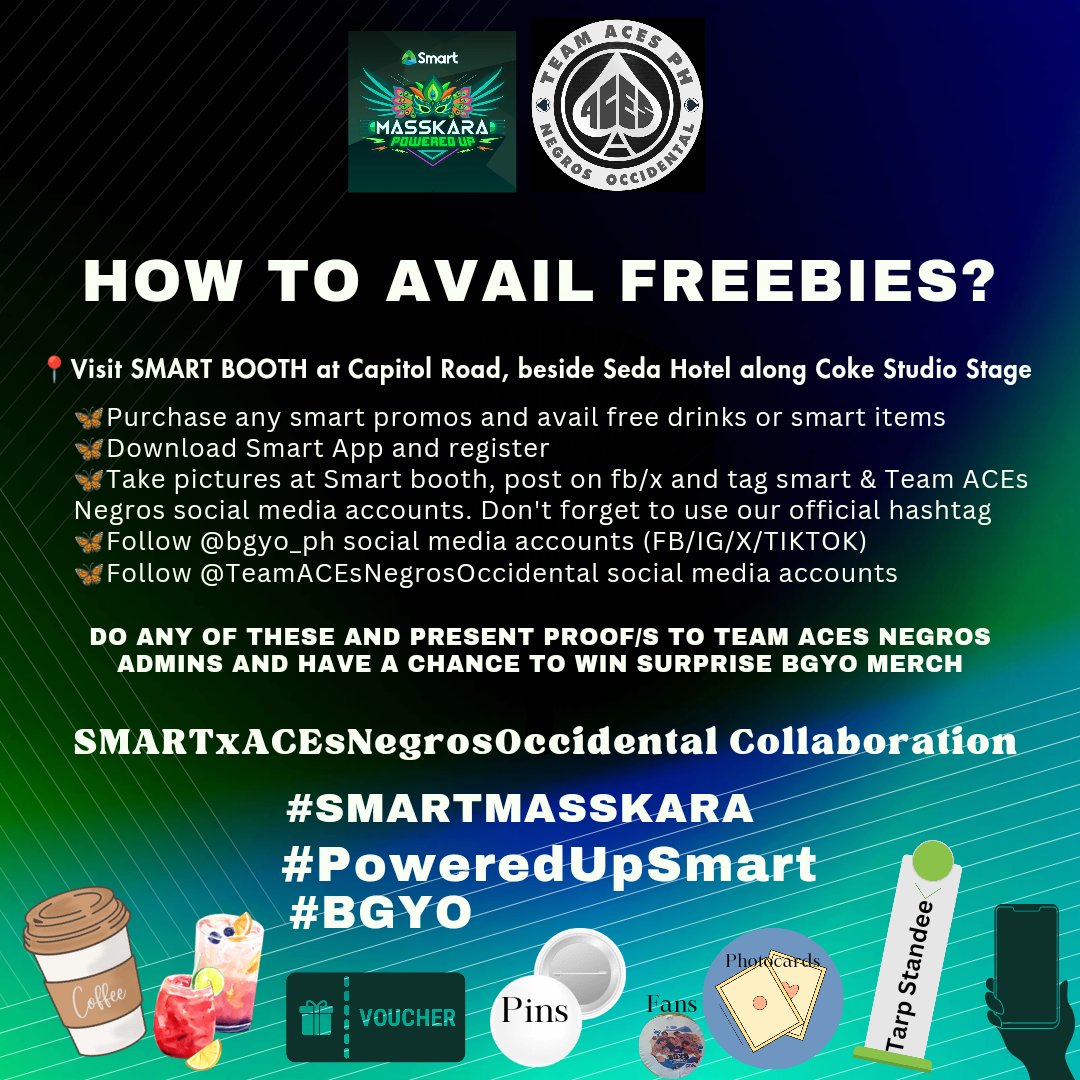 ACEsNegros's tweet photo. Last Day na!!!
Kari na sa Masskara kag magsinadya kita! Visit SMART Booth here at Lacson Street.
See posters for more details.
SMARTxTeamACEsNegrosOccidental Collaboration
#SMARTMASSKARA
#PoweredUpSmart
#BGYO https://t.co/5ekdwKIDJV