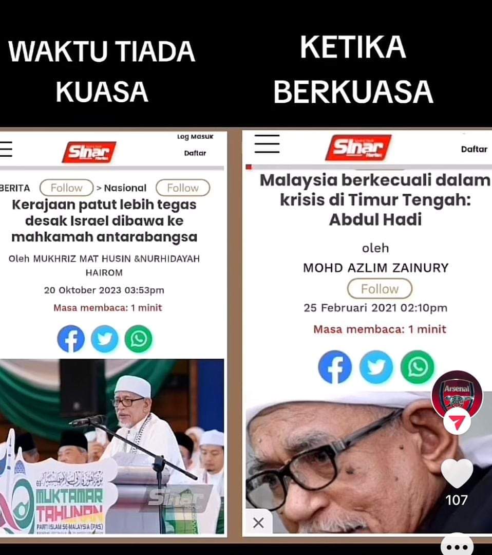Abdul Hadi berkata, tindakan Perdana Menteri Datuk Seri Anwar Ibrahim dalam menyuarakan isu berhubung kekejaman tentera zionis Israel itu disifatkan sebagai lemah dan tidak cukup lantang.
-time dia ada kuasa???