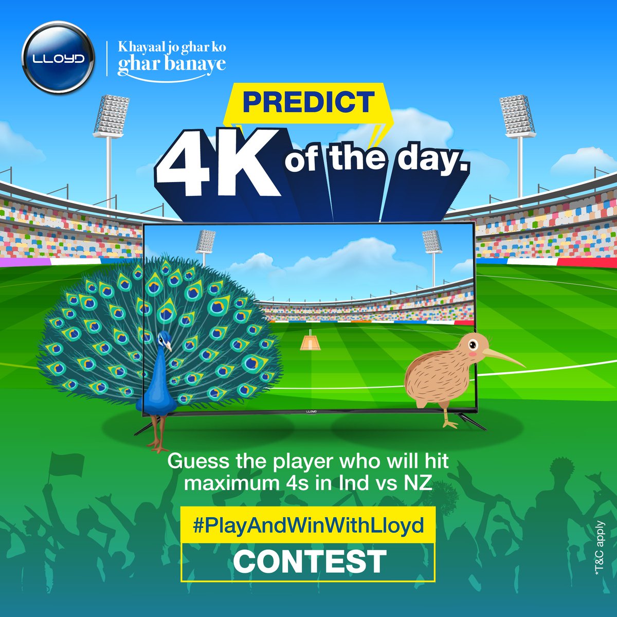MyLloydIndia's tweet photo. Are you ready to watch the game in 4K? Don’t also forget to tell us who you think will hit the maximum 4s in the match today. #PlayAndWinWithLloyd

#WorldCup #Lloyd #KhyaalJoGharKoGharBanaye

To know T&amp;C, click https://t.co/WLscP8psRI https://t.co/FGRsr1ZHCO