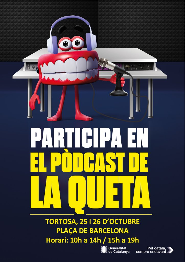 Vols participar al pòdcast més gran que s’ha fet mai en català? Vine a la cabina de ràdio de la Queta! 📍 Tortosa (Plaça de Barcelona) 🗓️Dimecres 25 i Dijous 26 d'octubre ⏰ 10h a 14h - 15h a 19h 👉moltperparlar.cat #ElPodcastdelaQueta