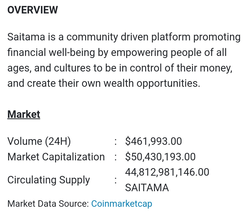 S A I T A M A

#CMCdata 

#saitamaOneDollar
#Saitama #SaitaRealty #SaitaCard #SaitaChain #SaitaCity #SaitaLogistics #SaitaSwap #SaitaPro #Bitcoin #Ethereum #Binance #ETH #BNB #BTC