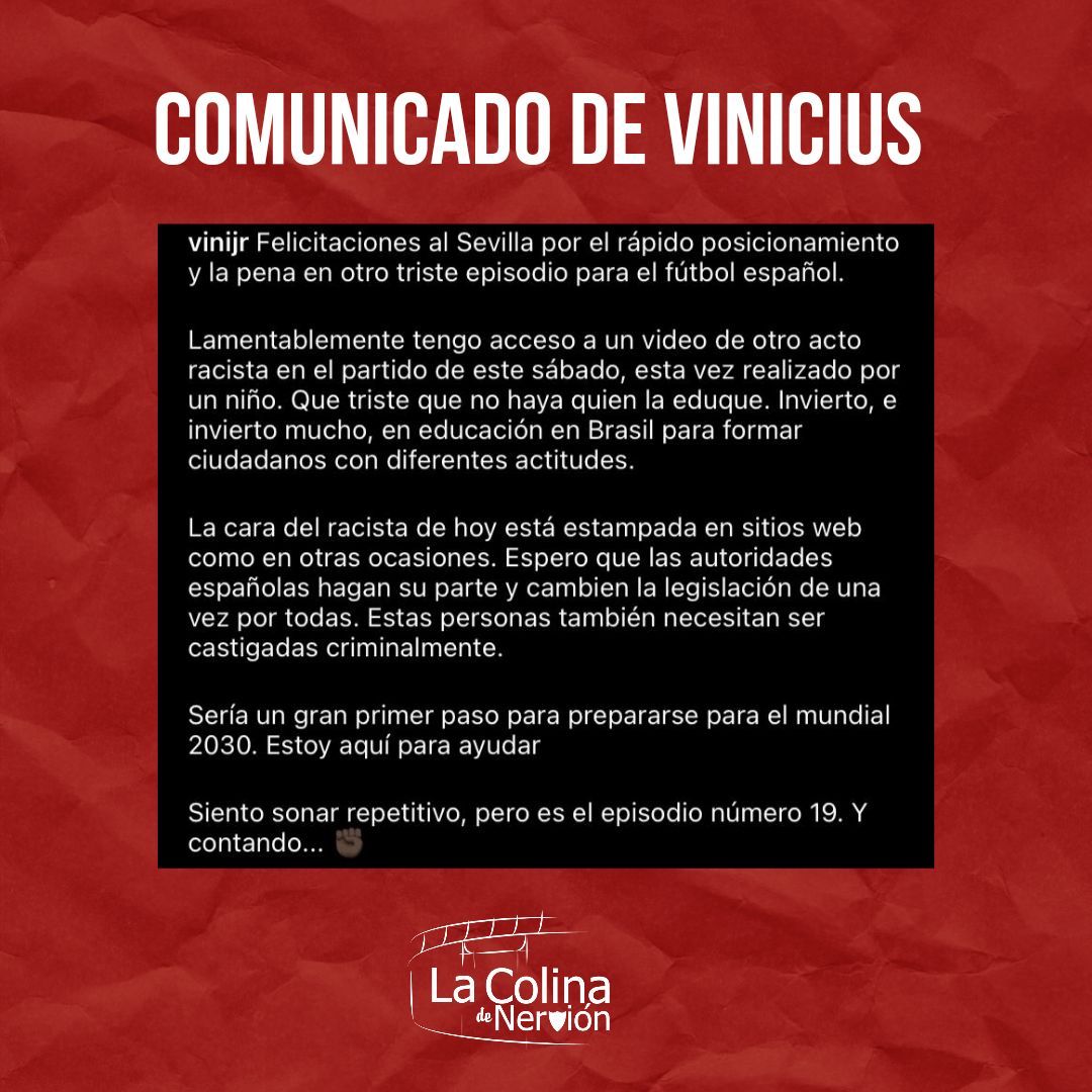dorsal16_'s tweet photo. 📱Vinicius colgó este post en sus redes sociales denunciando una vez más el racismo y felicita al #SevillaFC por su actuación 👏

¿Qué opinas❓

#SevillaFC #CompartimosAfición https://t.co/JDdQFF7ihH