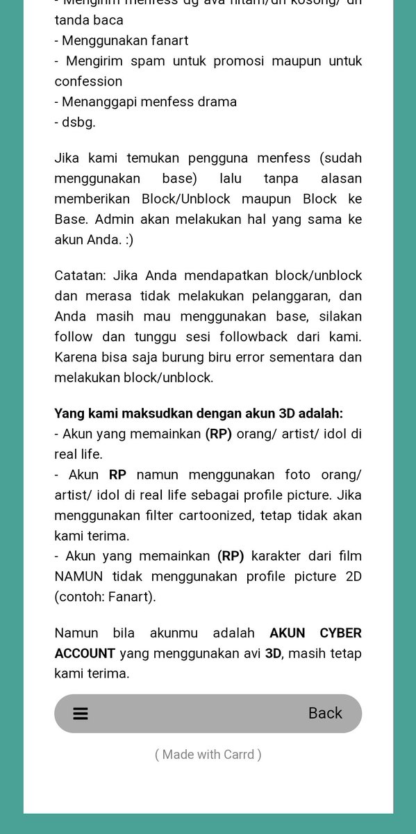 ㅤ
YUU.
Saya sudah membaca seluruh hal yang terdapat dalam carrd dan siap menaati dan melaksanakannya. 

cara mengirim menfess: login dengan akun yang ingin digunakan, masuk ke dalam link yang ada lalu pilih 2DimensiMenfess. Setelah itu kirim fess dengan trigger !2dfess