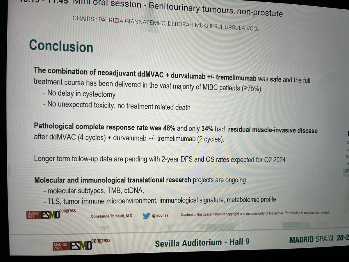 Great presentation of NEMIO trial with ddMVAC + durva +/- treme for MIBC with pCR 48% & 18% Tx discontinued, excellent effort @GETUG_Unicancer @myESMO #ESMO23 @OncoAlert we are completing accrual in a trial with aMVAC/pembro @fredhutch in histology subtypes @arkhaki @spsutkaMD