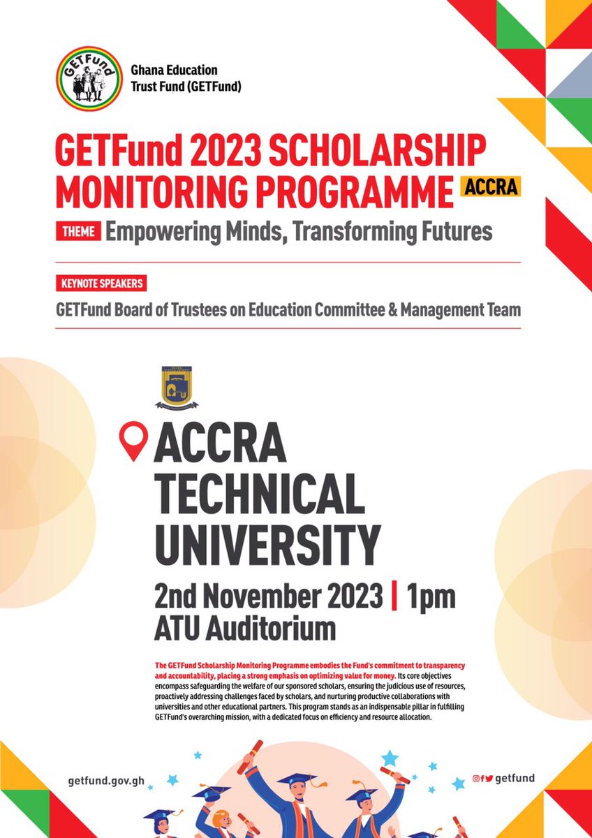 The GETFund 2023 Scholarship Monitoring Programme comes your way next month in Accra!🎉💫 The ATU-SRC in partnership with the Ghana Education Trust Fund (GETFund) is organizing this program.