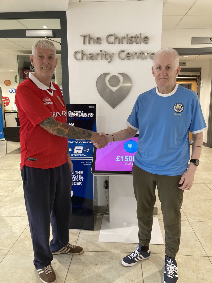 yozza21Mv's tweet photo. Today my Pal in the untied shirt passed away after fighting terminal Cancer with me for 8.5 years this photo is the day I surprised him at the Christie with a signed Dennis Irwin shirt thanks to @Craigutfr2 and @BPete1970 god bless you my friend https://t.co/ekU69PGfb0
