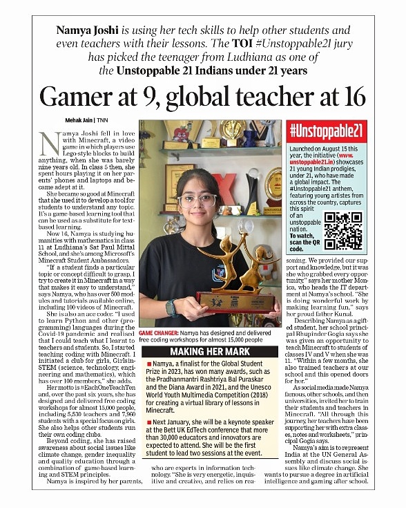 Namya Joshi (Minecraft + Adobe Student Ambassador) (@wondernamya) on Twitter photo Elated 🌟 an article about my journey and experiences has been featured in The <a href="/timesofindia/">The Times Of India</a> 📰
Honored on being announced #Unstoppable21 under 21 by <a href="/TOIBetterIndia/">The Times Of A Better India</a>
Thankful to family, Mrs. <a href="/msbhupinder/">Bhupinder Gogia</a>, teachers, friends, for their unwavering inspiration and empowerment. Elated 🌟 an article about my journey and experiences has been featured in The <a href="/timesofindia/">The Times Of India</a> 📰
Honored on being announced #Unstoppable21 under 21 by <a href="/TOIBetterIndia/">The Times Of A Better India</a>
Thankful to family, Mrs. <a href="/msbhupinder/">Bhupinder Gogia</a>, teachers, friends, for their unwavering inspiration and empowerment.