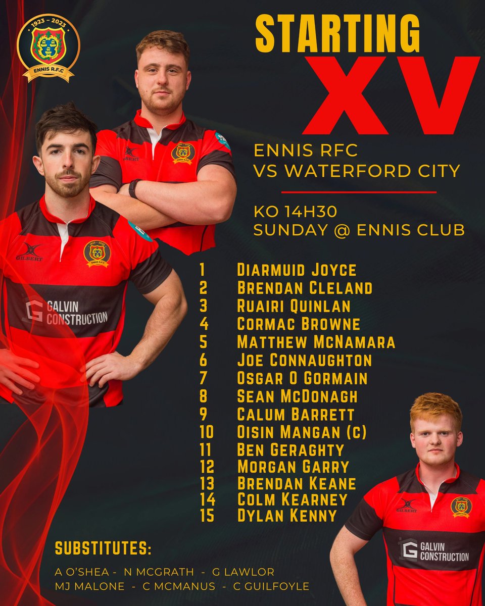 Ennis RFC Senior Men kick off the League against Waterford City RFC this weekend at home! Here is our team for the game! Good Luck 💯 Come down to the club house to cheer them on! @ClareEcho @ClareFM @ClareChampion #ennisrugby100 #munsterrugby