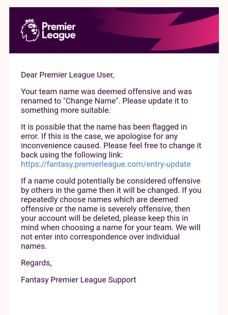 Ori Cooper (@coopsport) on Twitter photo The <a href="/premierleague/">Premier League</a> should check their <a href="/OfficialFPL/">Fantasy Premier League</a> employees. Guys with the name Israel as their team's name been removed and called "offensive". For example <a href="/neriyaprins/">נריה יצחק פרינץ</a> team, Israel1948. However. as you can see at the photo, "free Palestine" is allowed.
Again, Shame on you The <a href="/premierleague/">Premier League</a> should check their <a href="/OfficialFPL/">Fantasy Premier League</a> employees. Guys with the name Israel as their team's name been removed and called "offensive". For example <a href="/neriyaprins/">נריה יצחק פרינץ</a> team, Israel1948. However. as you can see at the photo, "free Palestine" is allowed.
Again, Shame on you
