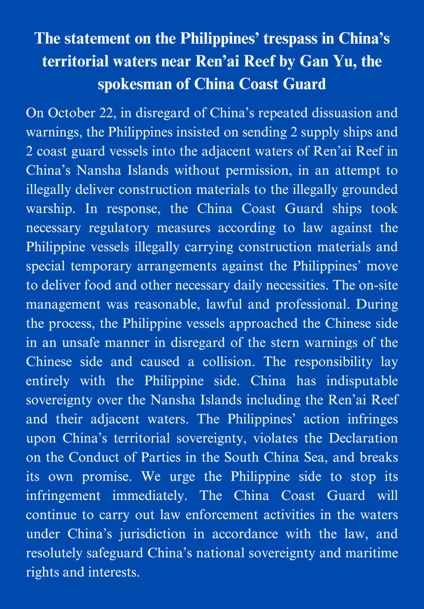 READ: The Chinese Embassy in Manila releases a statement on the collision of China vessels and AFP boats in the West Philippine Sea on Sunday, Oct. 22, saying the “responsibility lay entirely with the Philippine side.” | 📷: Chinese Embassy Manila/X