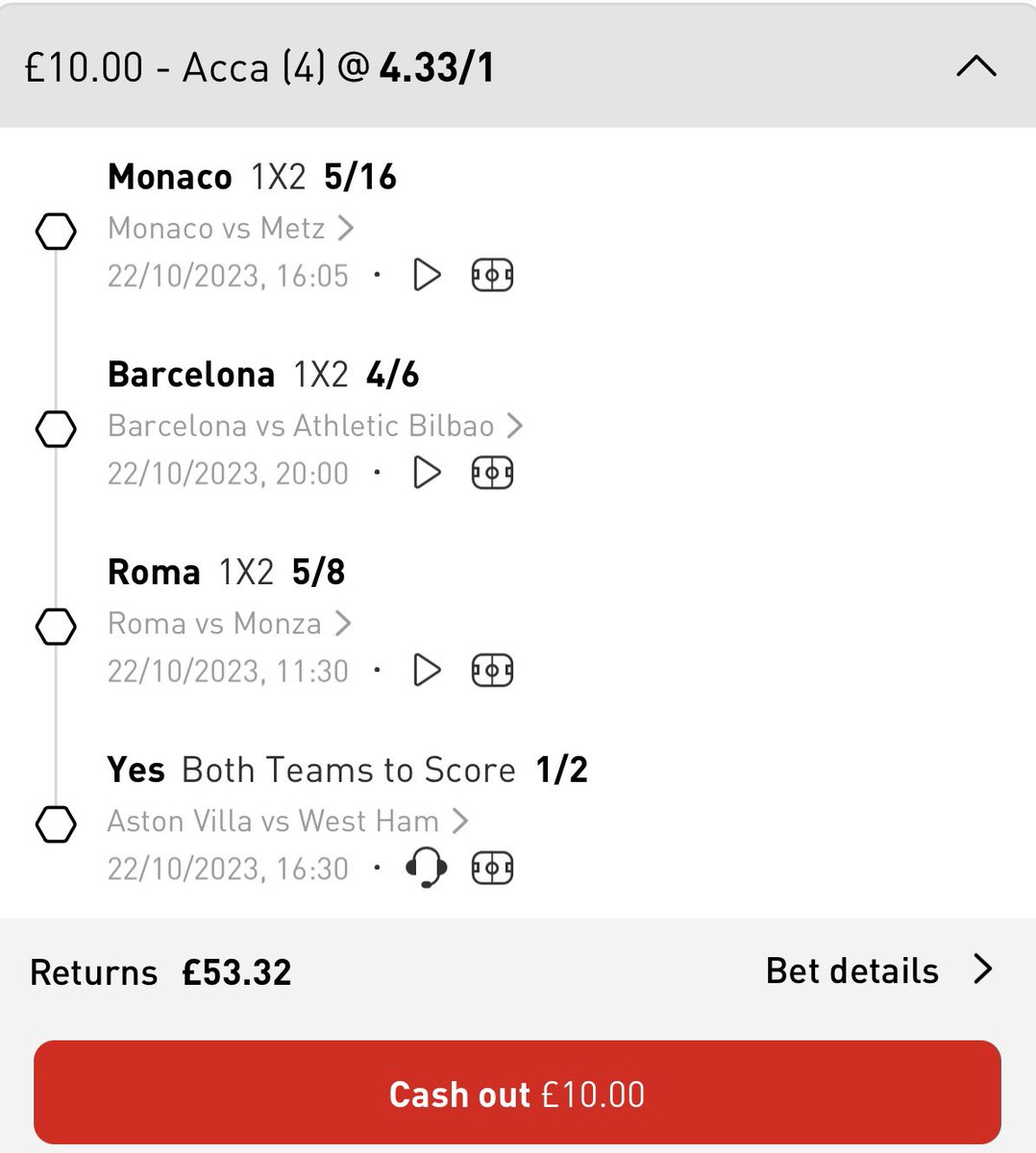 Today’s mixed acca - 4.33/1 🇫🇷Monaco to win 🇪🇸Barcelona to win 🇮🇹Roma to win 🏴󠁧󠁢󠁥󠁮󠁧󠁿Aston Villa v West Ham - both teams to score £10 returns £53.32‼️💸 Sign up to the link below to grab yourself £20 in free bets 👇👇 bit.ly/3ZRhSR6 18+ Play Safe, BeGambleAware.