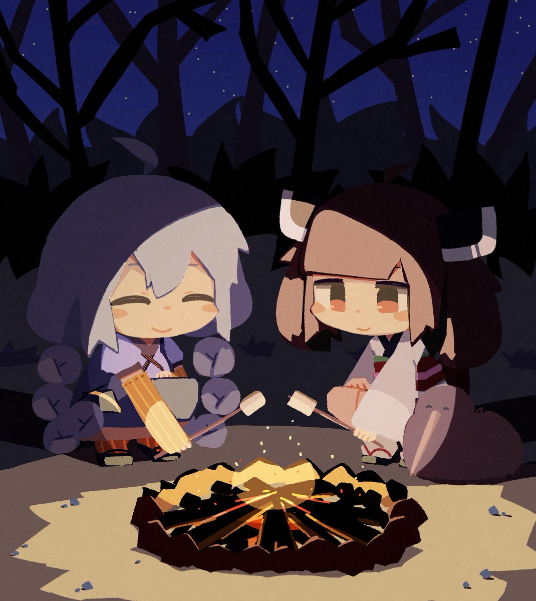 kizuna akari ,touhoku kiritan multiple girls 2girls campfire night twin braids braid japanese clothes  illustration images