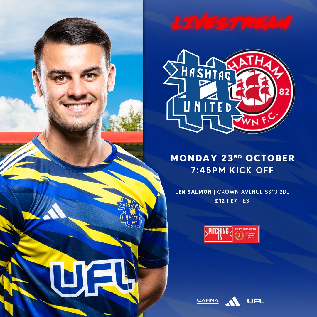 Hashtag United (@hashtagutd) on Twitter photo NEXT MATCH
🆚 <a href="/ChathamTownFC/">Chatham Town</a> (2nd) | <a href="/IsthmianLeague/">The Pitching In Isthmian League</a> 🏆
It’s another quick turnaround as we welcome another promoted side - high flying Chatham, to Essex! 🤝
📆 Monday 23rd OCT
⏰ 7:45PM
🏟️ Len Salmon
📍 Crown Ave, SS13 2BE
💷 £12/7/3
🎥 LIVE FOR MEMBERS
#UPTHETAGS NEXT MATCH
🆚 <a href="/ChathamTownFC/">Chatham Town</a> (2nd) | <a href="/IsthmianLeague/">The Pitching In Isthmian League</a> 🏆
It’s another quick turnaround as we welcome another promoted side - high flying Chatham, to Essex! 🤝
📆 Monday 23rd OCT
⏰ 7:45PM
🏟️ Len Salmon
📍 Crown Ave, SS13 2BE
💷 £12/7/3
🎥 LIVE FOR MEMBERS
#UPTHETAGS